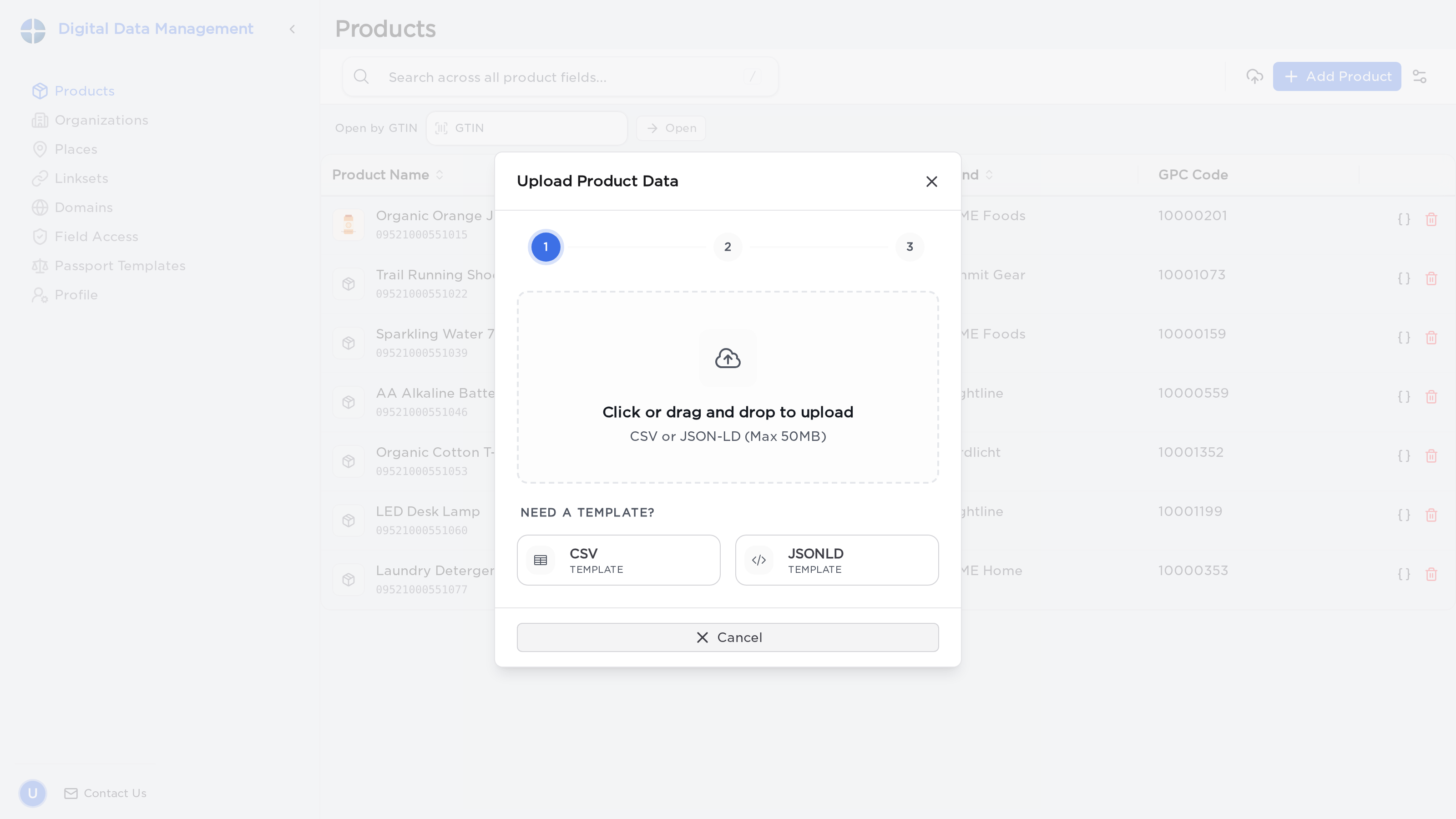 The bulk import dialog