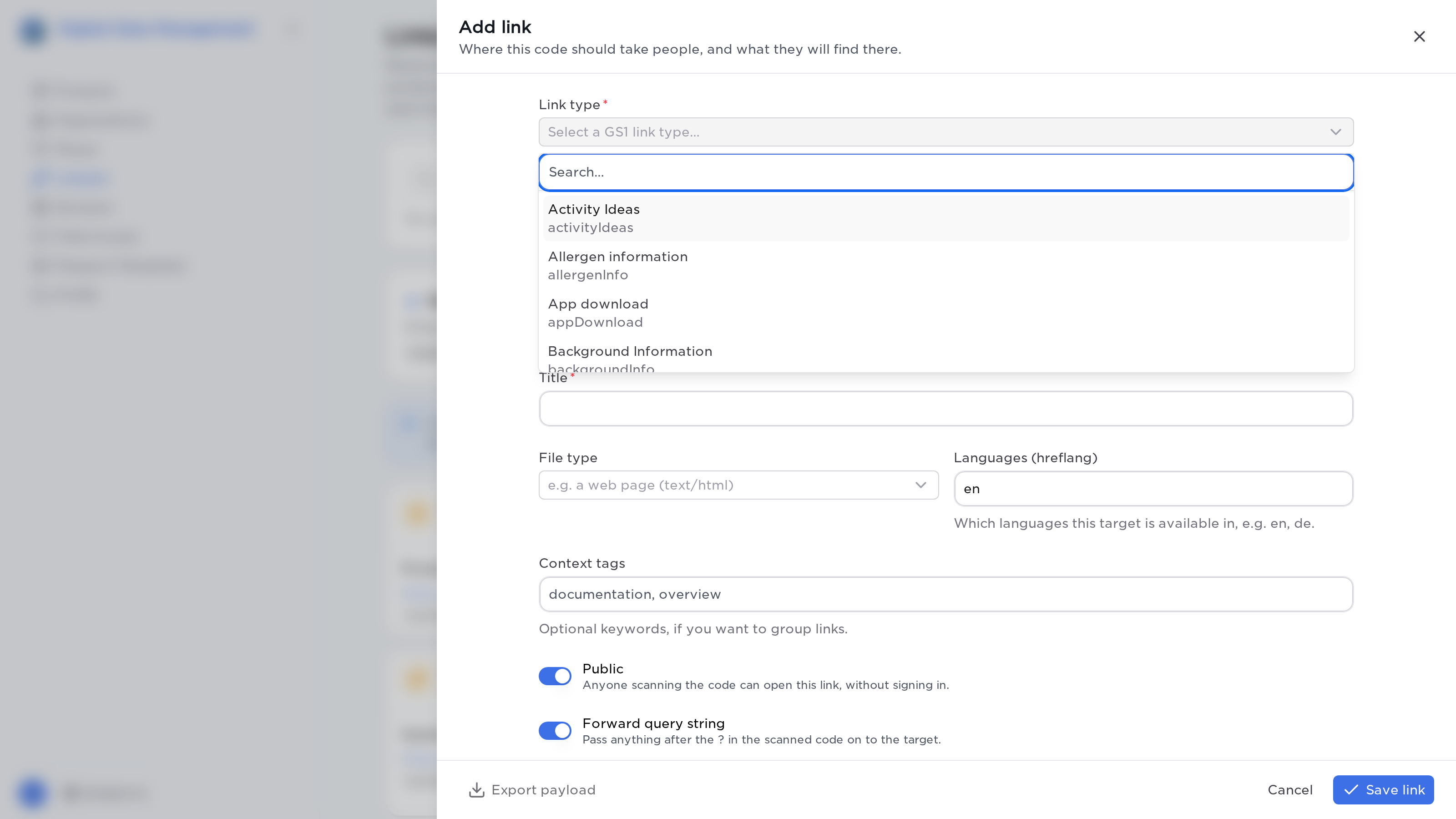 The link-type picker