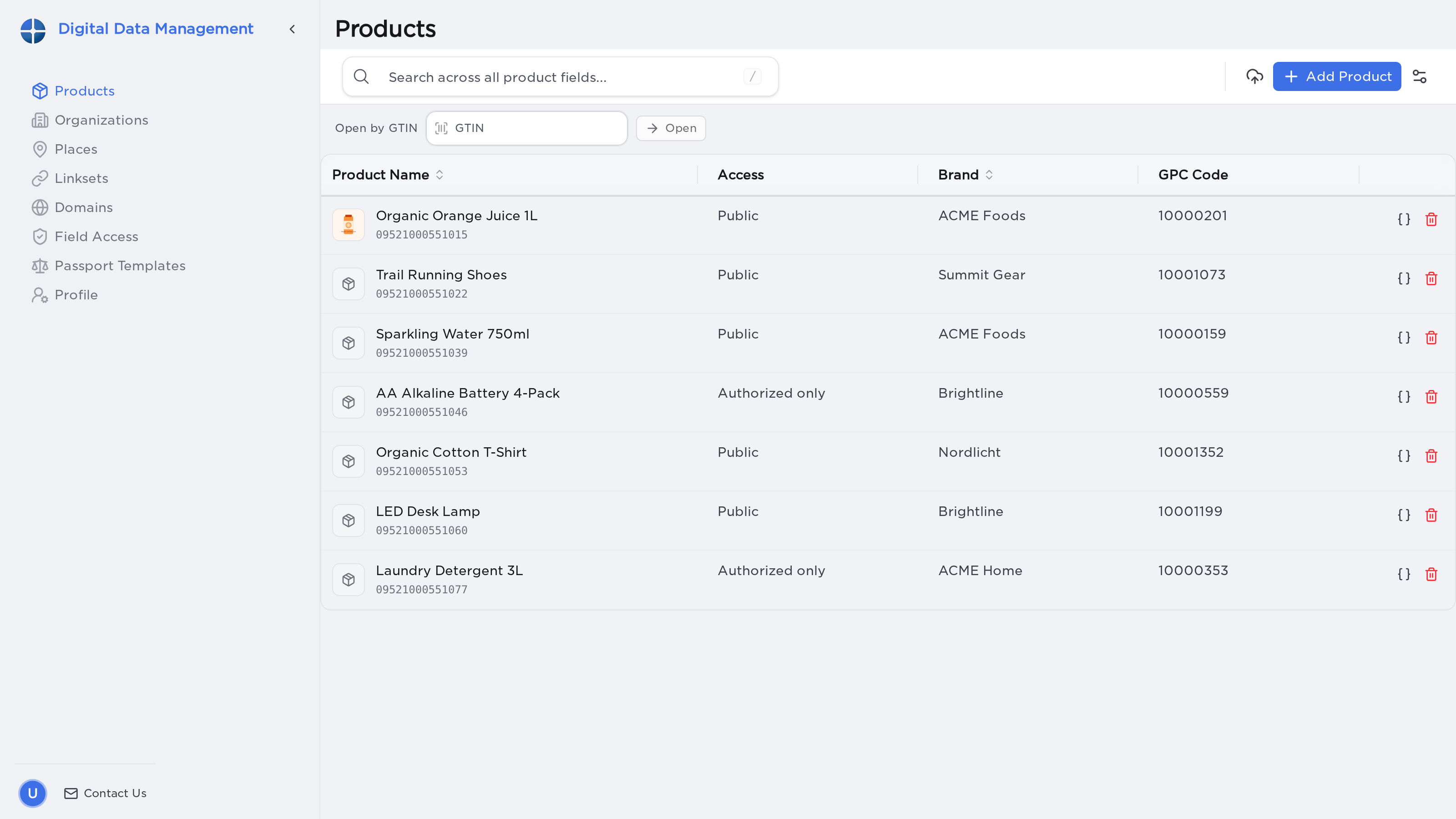 The products page inside the catalog workspace