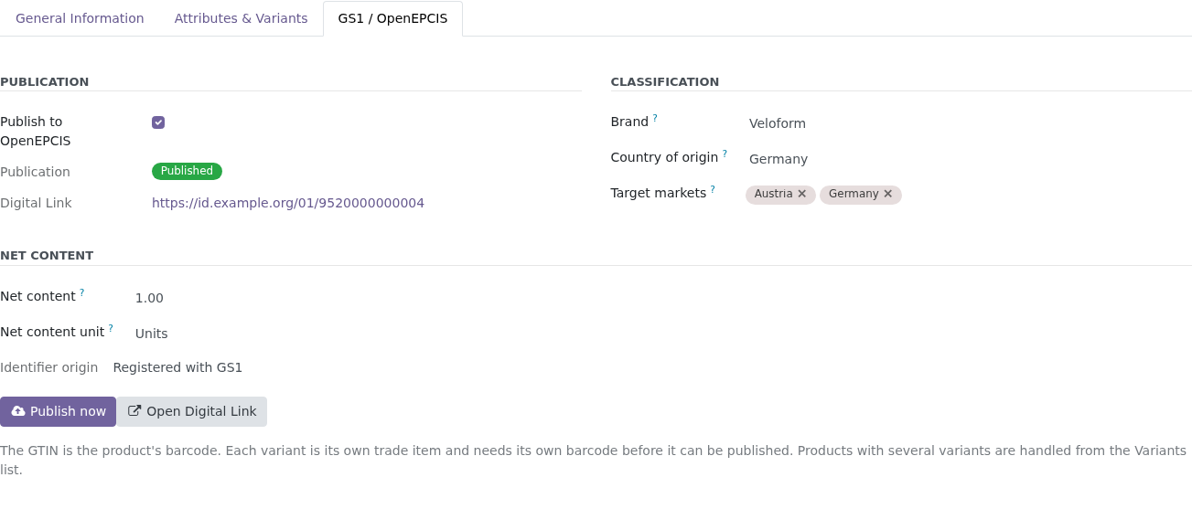 A published product in Odoo