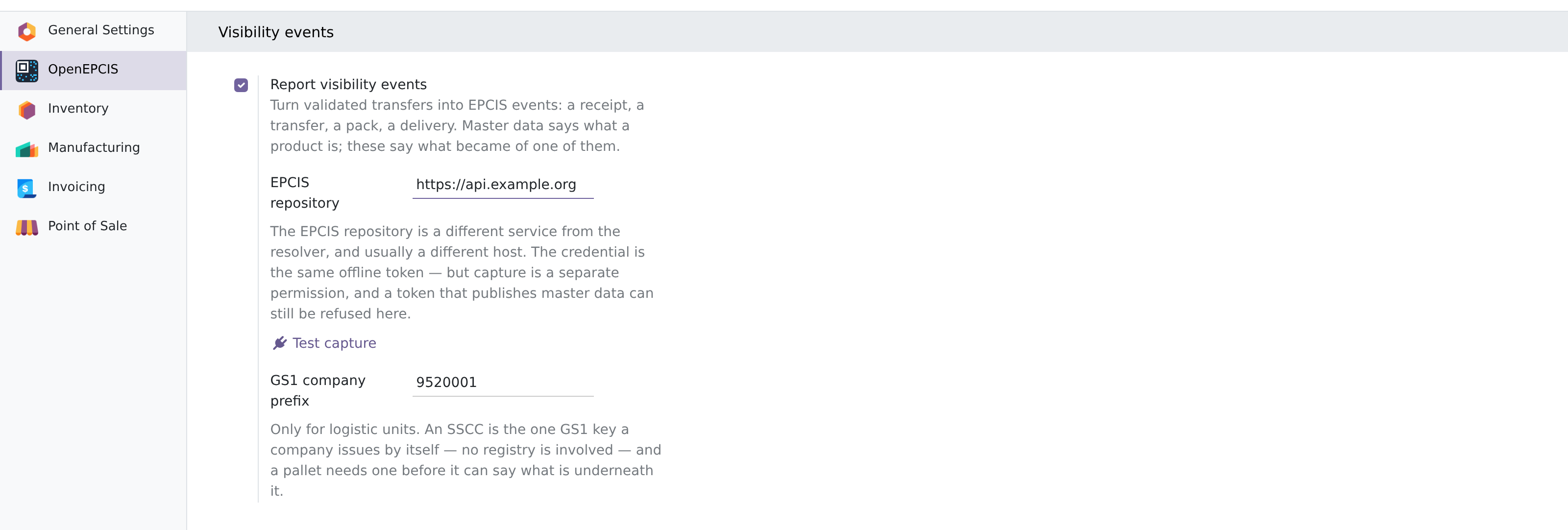 The visibility-event settings in Odoo