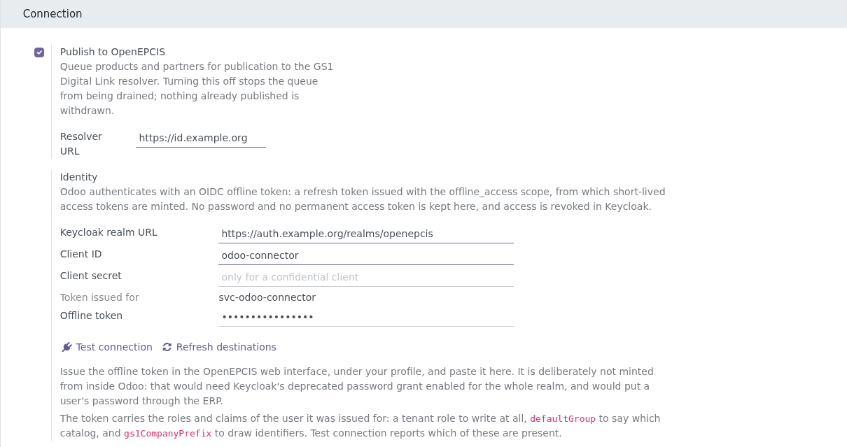The connection settings