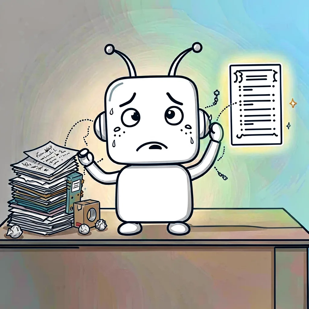 Overworked robot agent struggling with papers on desk