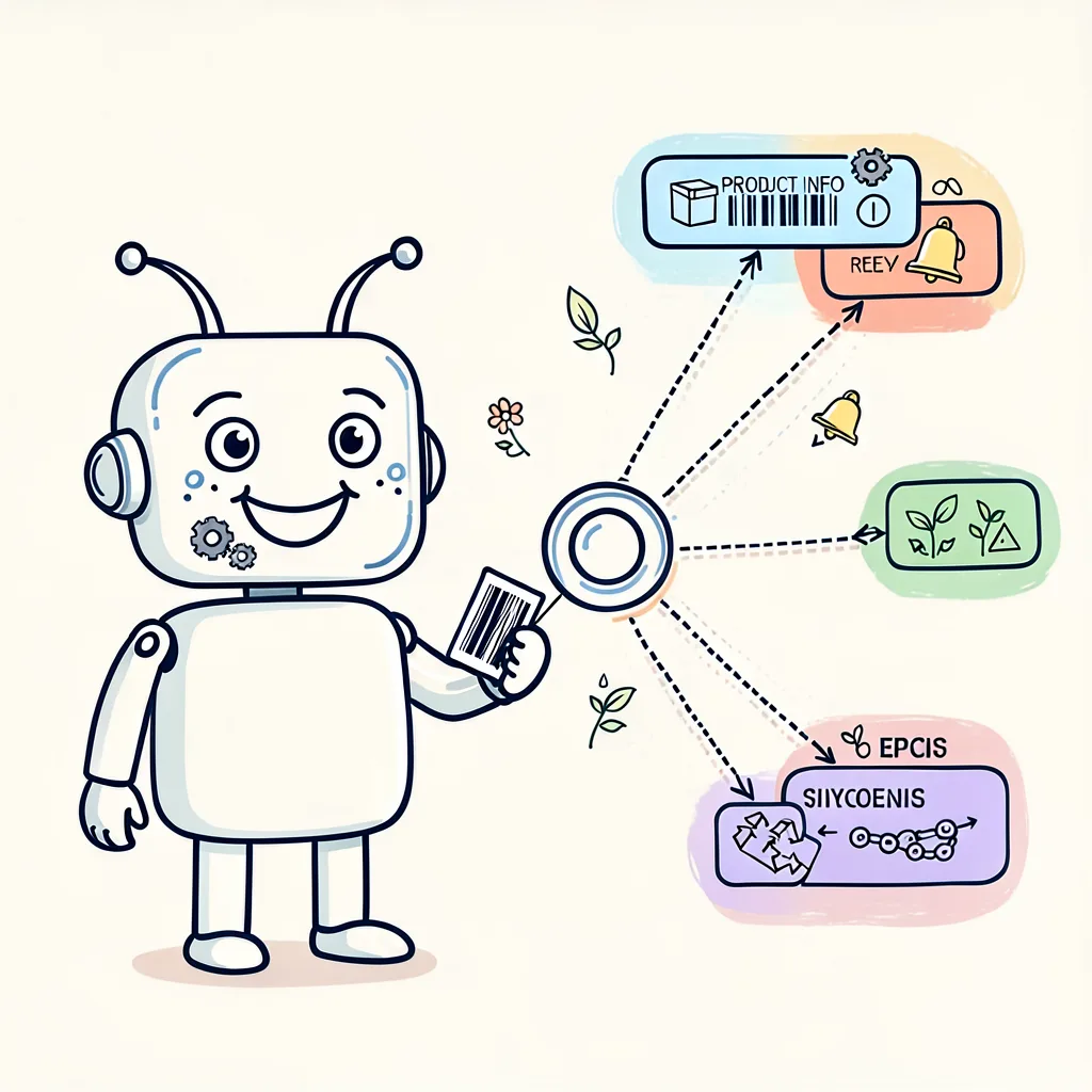 Line-art robot mascot holding a barcode card connected by dotted spokes to a central hub